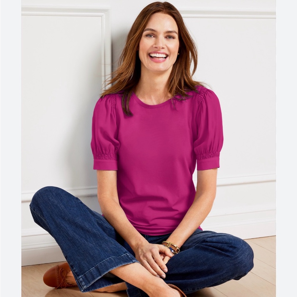 Talbots  Woven Sleeve Crew Neck in Magenta